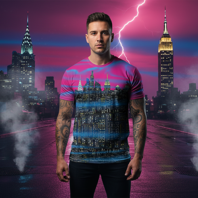 Man wearing a t-shirt with a Loria NYC Art cityscape design in front of a futuristic city skyline.