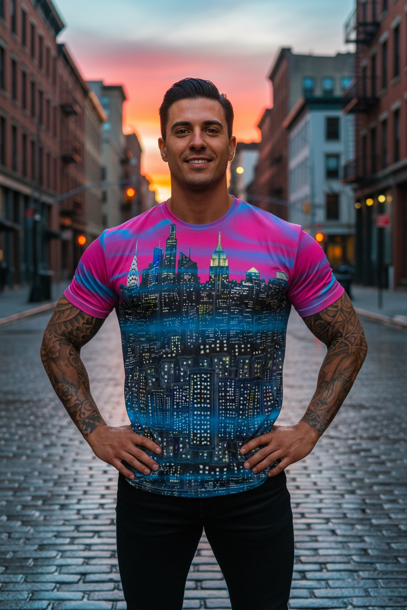 Man wearing a colorful t-shirt with a cityscape Loria NYC Art design on a street at sunset.