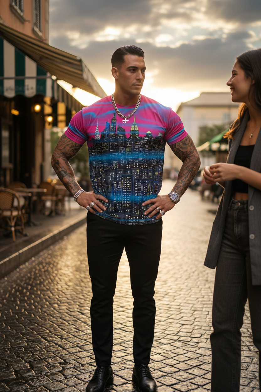 Man wearing a vibrant Loria NYC Art shirt on a street talking with a friend.