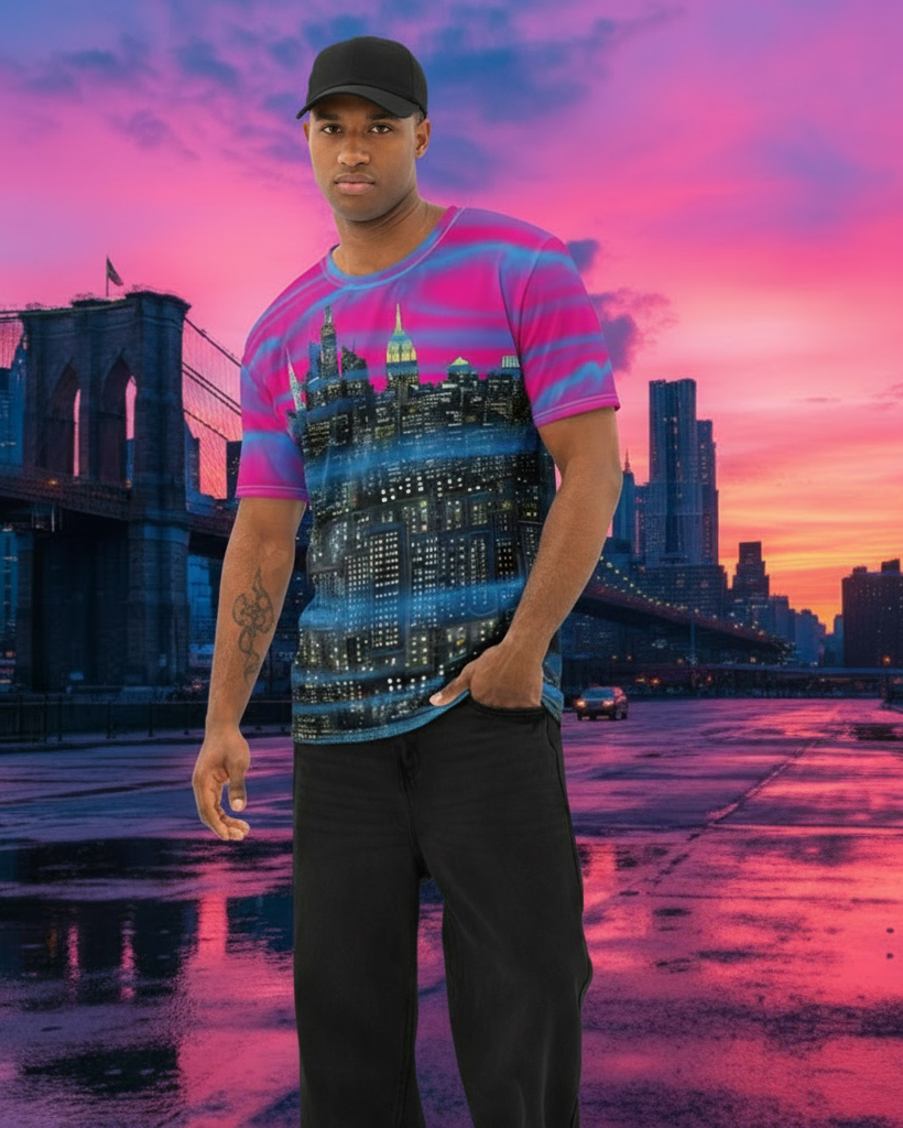 Man wearing a colorful Loria NYC Art shirt standing in front of a city skyline with a colorful sunset.