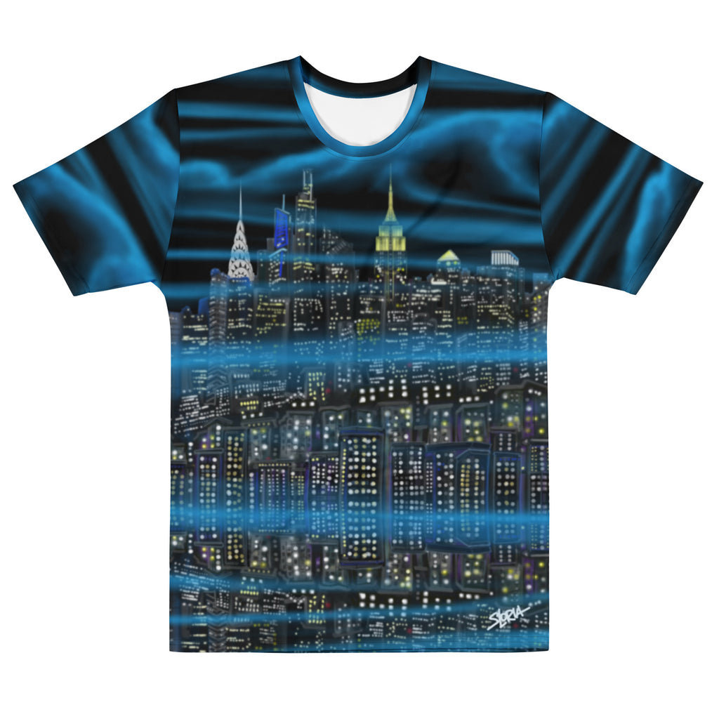 T-shirt with a cityscape Loria NYC Art design on a white background