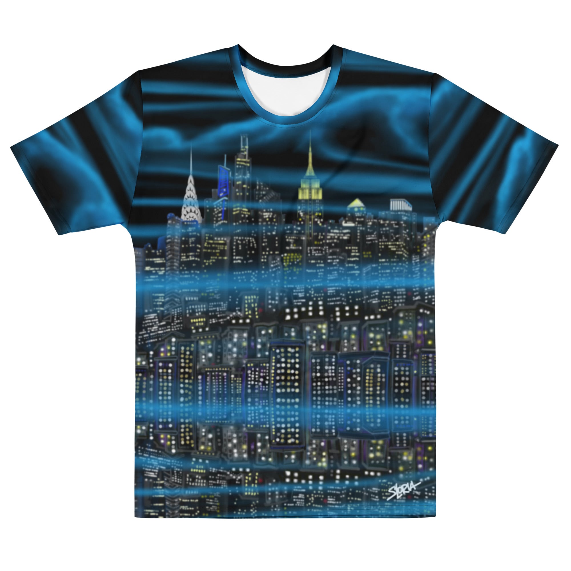 T-shirt with a cityscape Loria NYC Art design on a white background