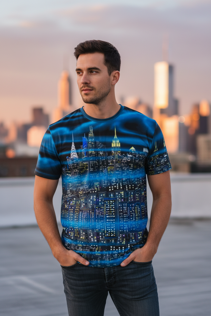 Man wearing a blue Loria NYC Art  cityscape t-shirt with a city skyline in the background