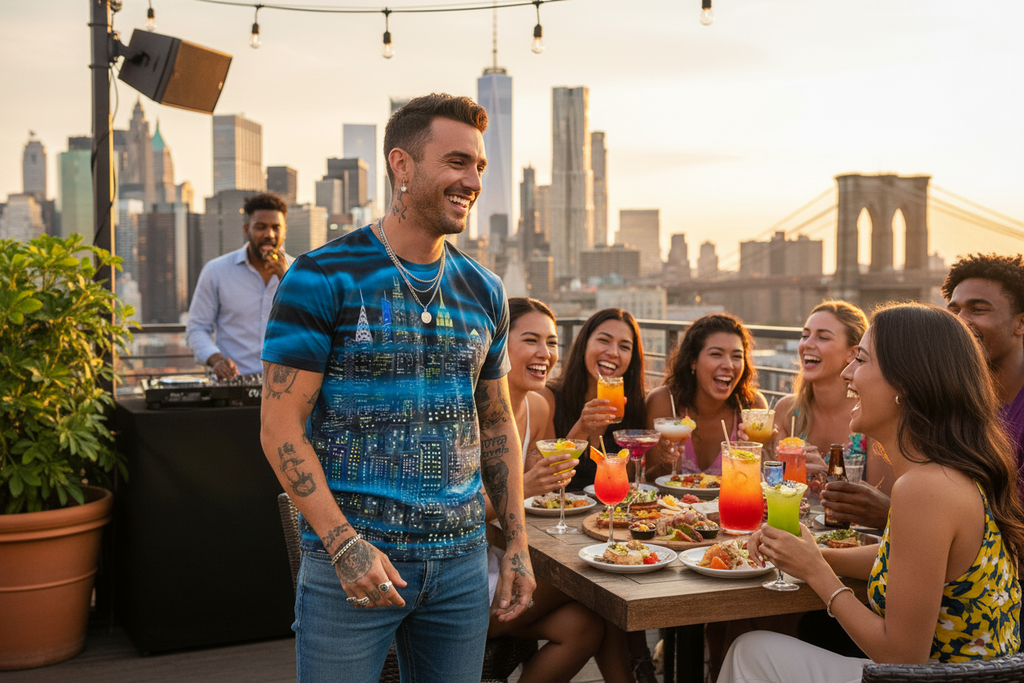Man wearing colorful Loria NYC Art shirt with a group of people enjoying drinks and food on a rooftop with a city skyline in the background