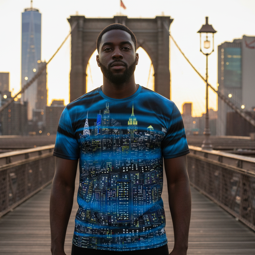 Man wearing a Loria NYC Art blue t-shirt with a cityscape design on a bridge with a city skyline in the background