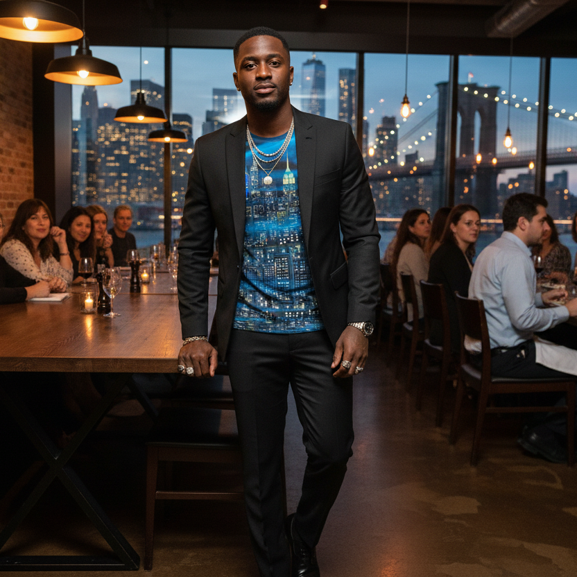 Man standing in a restaurant with a cityscape Loria NYC Art shirt and view through large windows