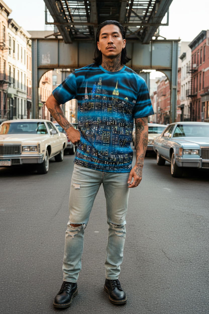 Man wearing a Loria NYC Art blue graphic t-shirt and light jeans standing on a city street.