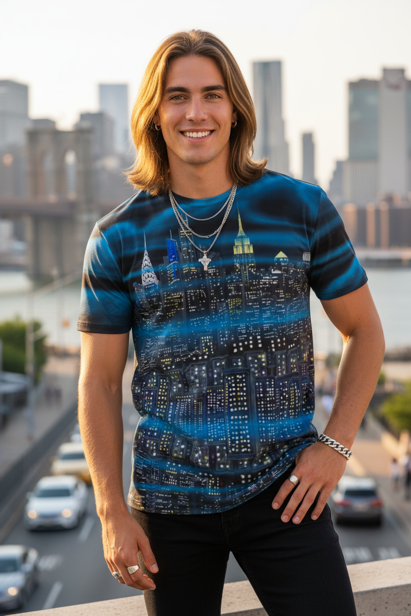 Person wearing a blue and black Loria NYC Art shirt with a cityscape design, standing in an urban setting.