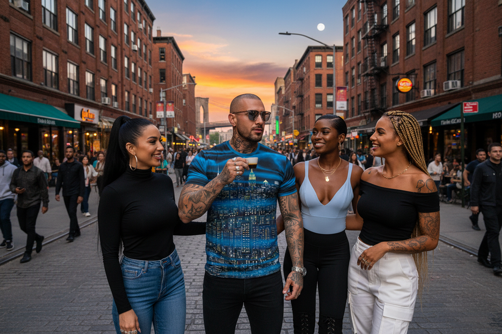 Man wearing colorful Loria NYC Art shirt standing smilingly on a city street at sunset with buildings and pedestrians in the background.