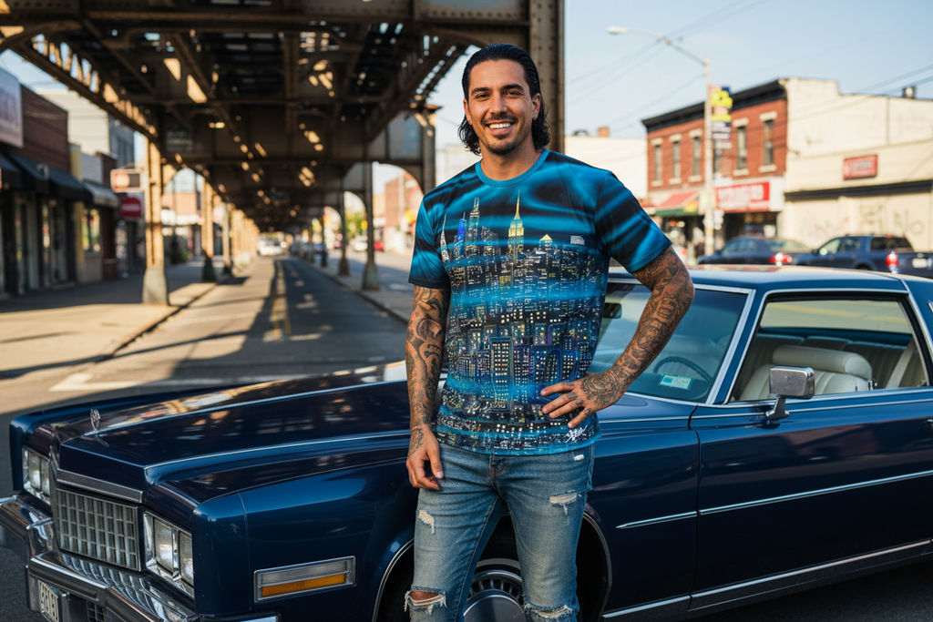 Man wearing a Loria NYC Art shirt standing next to a classic car on a city street