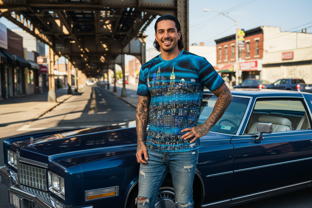 Man wearing a Loria NYC Art shirt standing next to a classic car on a city street