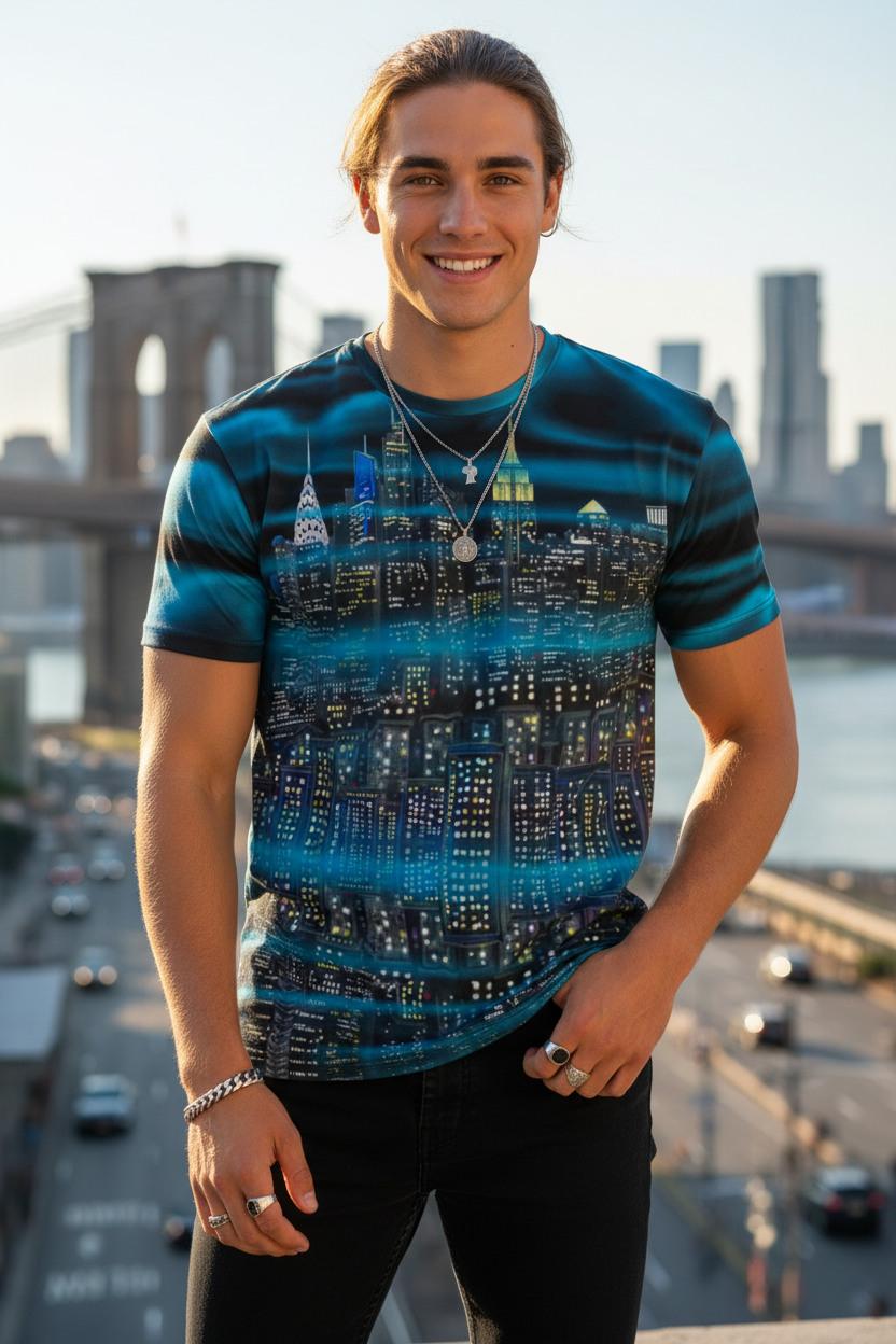 Person wearing a blue Loria NYC Art t-shirt with a cityscape design, standing in front of a bridge and city skyline.