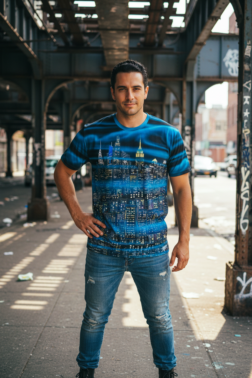 Man wearing a blue Loria NYC Art graphic t-shirt standing on a city street.