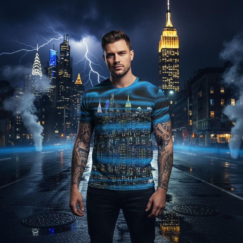 Man wearing a blue cityscape Loria NYC Art t-shirt with a dark, stormy city skyline in the background.