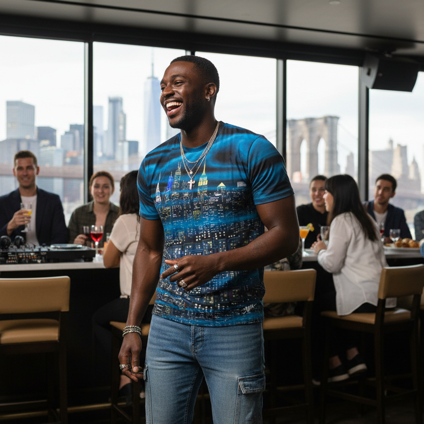 Man in a blue Loria NYC Art shirt standing in a room with people and city skyline 
