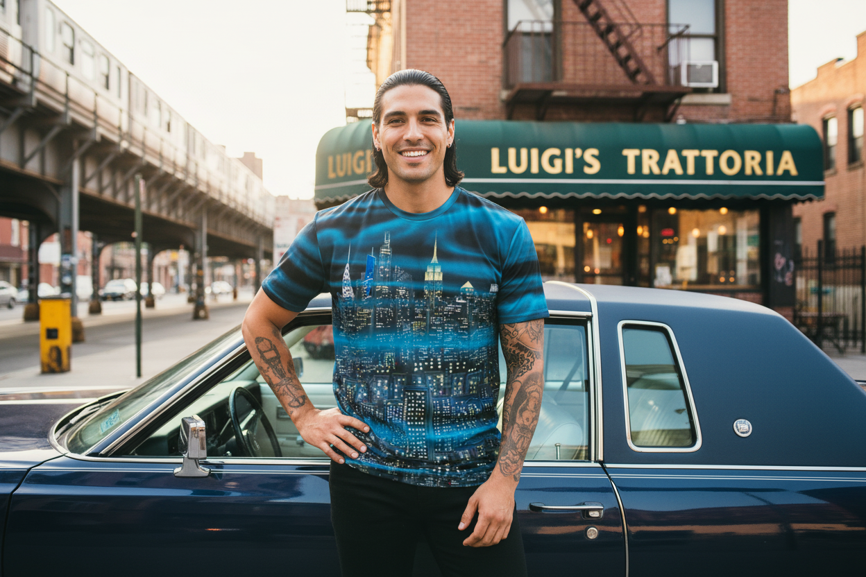 Man wearing a Loria NYC Art shirt standing next to a classic car in front of Luigi's Trattoria