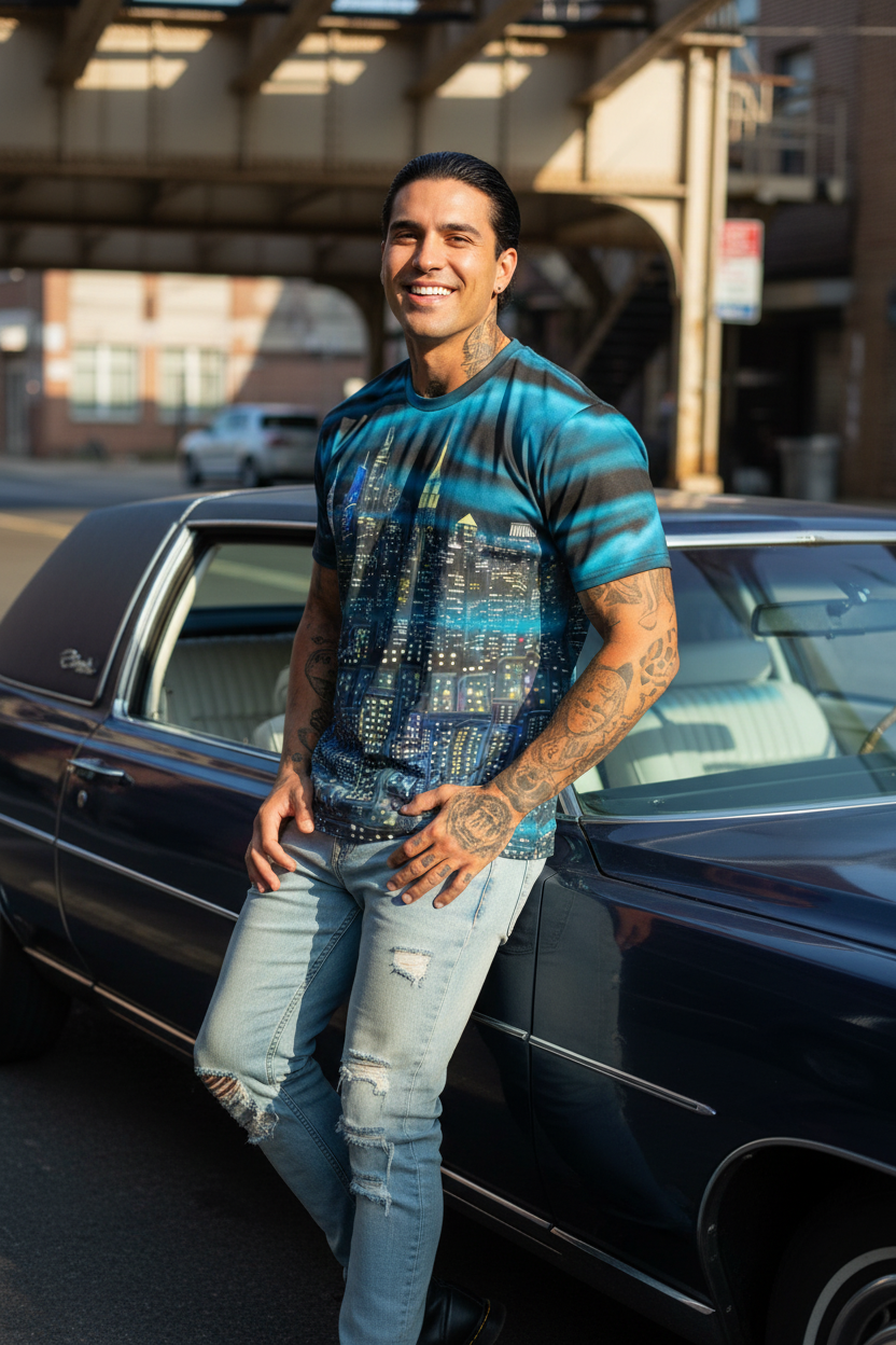 Man wearing Loria NYC Art shirt leaning against a classic car in an urban setting
