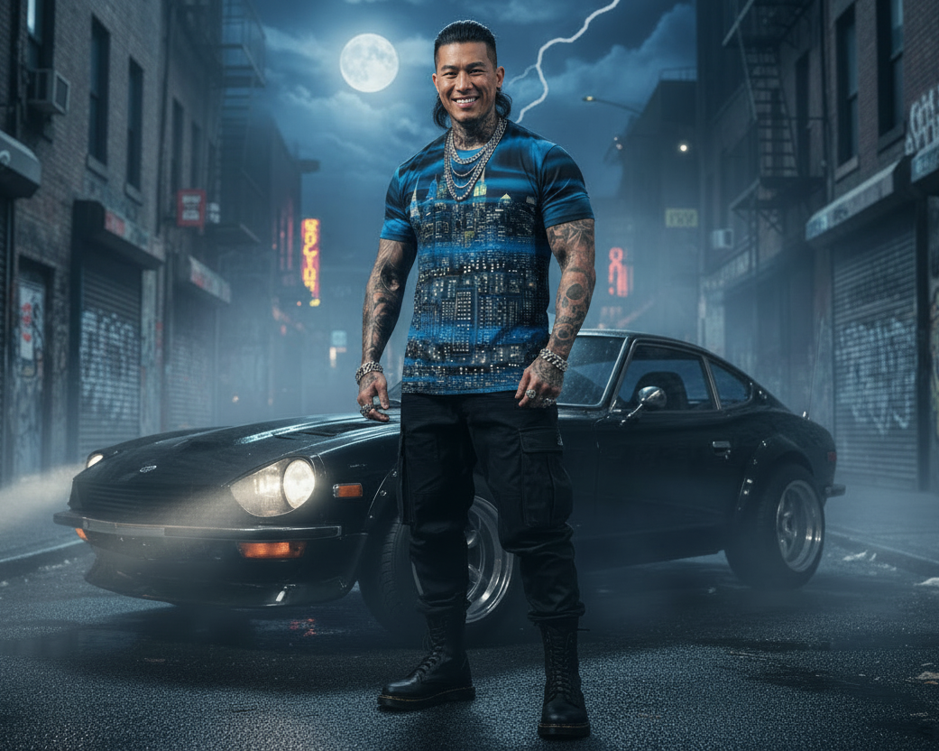 Man wearing a colorful Loria NYC Art shirt standing in front of a car on a city street at night
