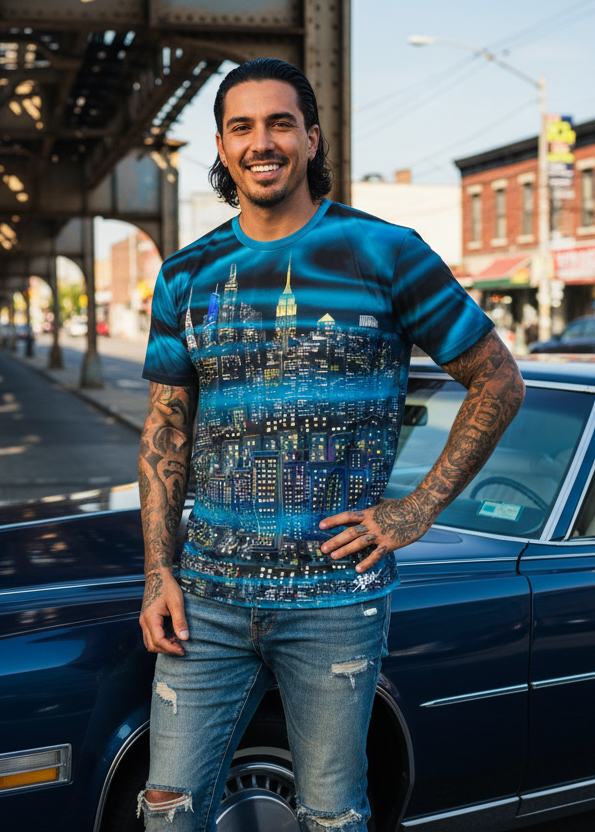 Man wearing a blue Loria NYC Art graphic t-shirt standing next to a car on a city street.