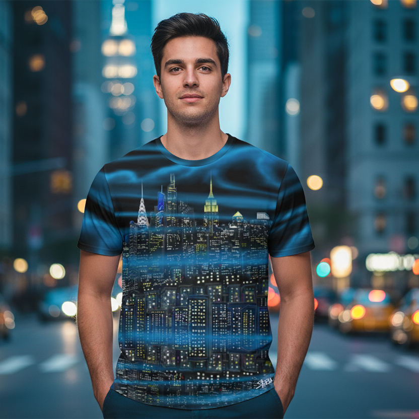 Man wearing a t-shirt with a Loria NYC Art cityscape design on a blurred city street background