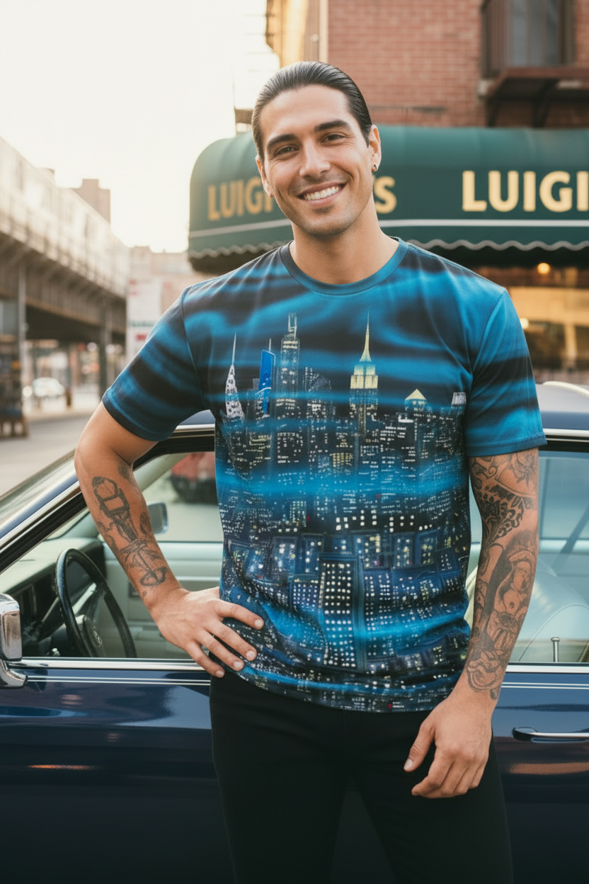 Man wearing a blue t-shirt with a cityscape Loria NYC Art design, standing next to a car in an urban setting.