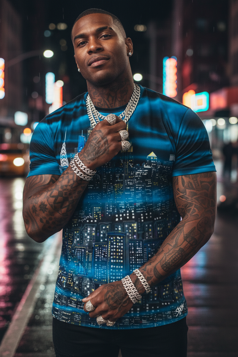 Man wearing a blue Loria NYC Art shirt with neon lights in the background