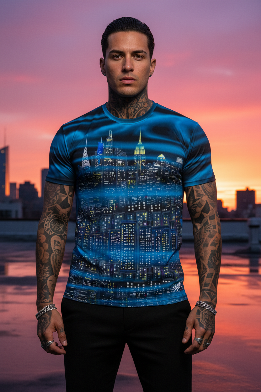 Man wearing a blue Loria NYC Art t-shirt with a cityscape design against a sunset skyline.