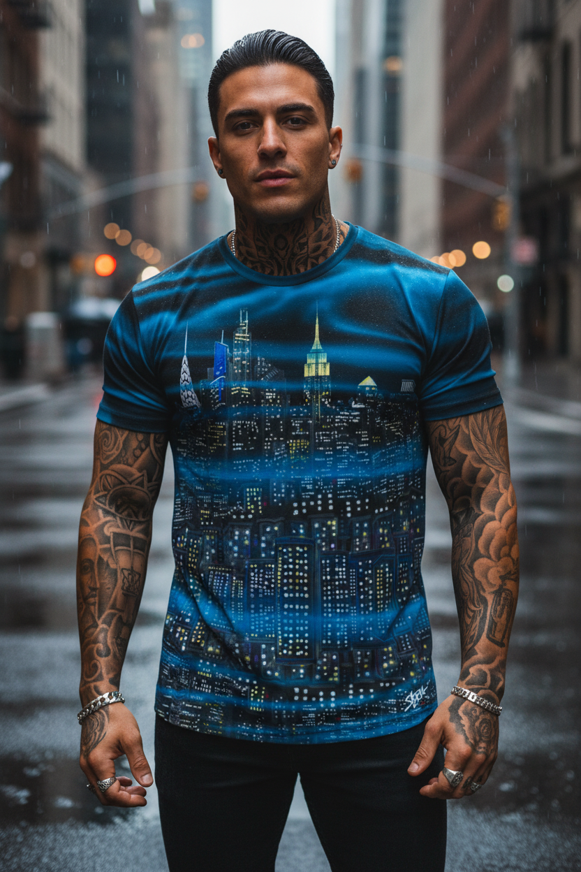 Man wearing a blue t-shirt with a cityscape Loria NYC Art design on a city street.