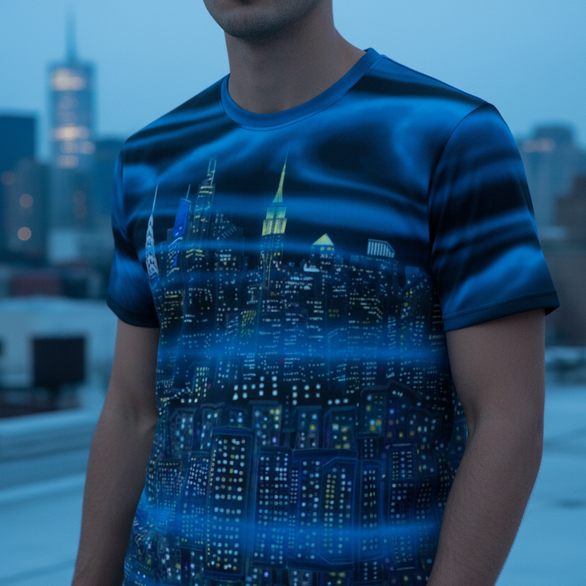 Person wearing a blue Loria NYC Art t-shirt with a cityscape design, standing on a rooftop with a blurred city skyline in the background.