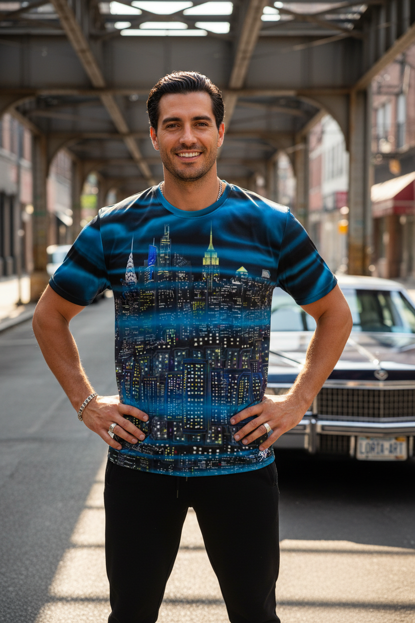Man wearing a blue Loria NYC Art graphic t-shirt standing on a street with a car and urban background.