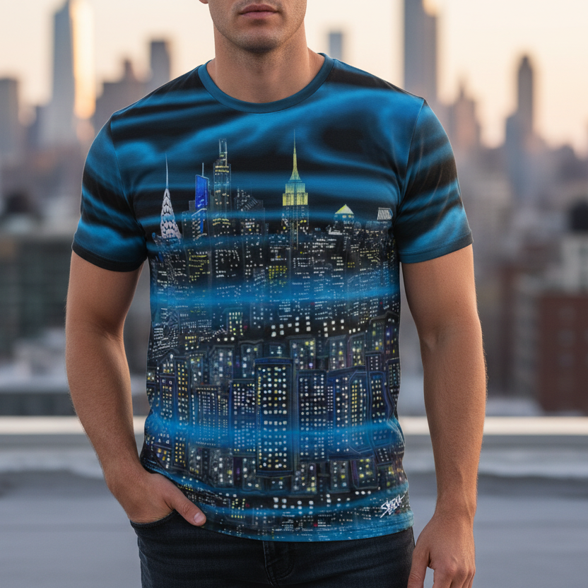 Person wearing a blue Loria NYC Art t-shirt with a cityscape design against a city skyline.