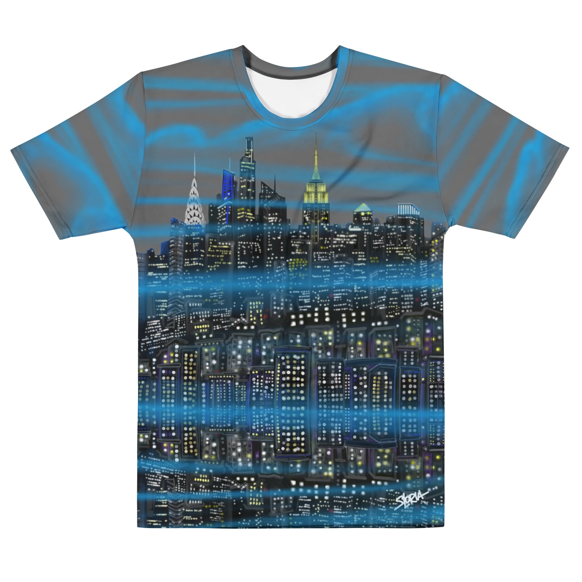 T-shirt with a cityscape Loria NYC Art design on a white background