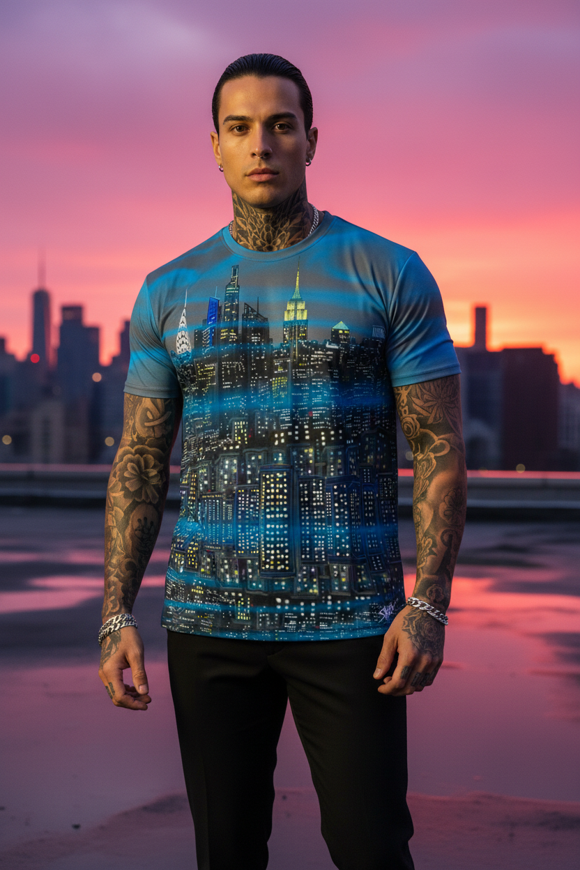 Man wearing a blue graphic t-shirt with a Loria NYC Art cityscape design against a city skyline at sunset.