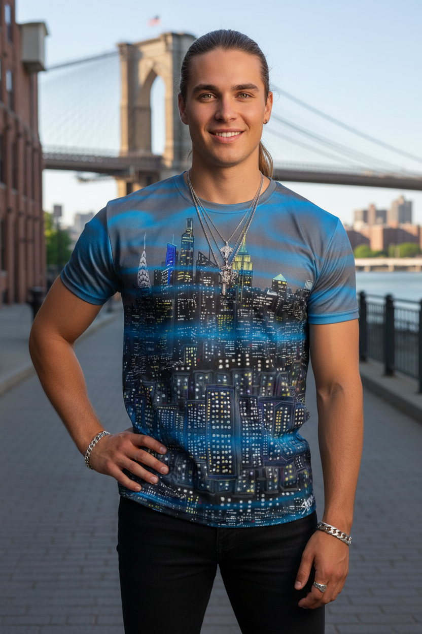Man wearing a blue t-shirt with a cityscape Loria NYC Art design, standing in front of a bridge.