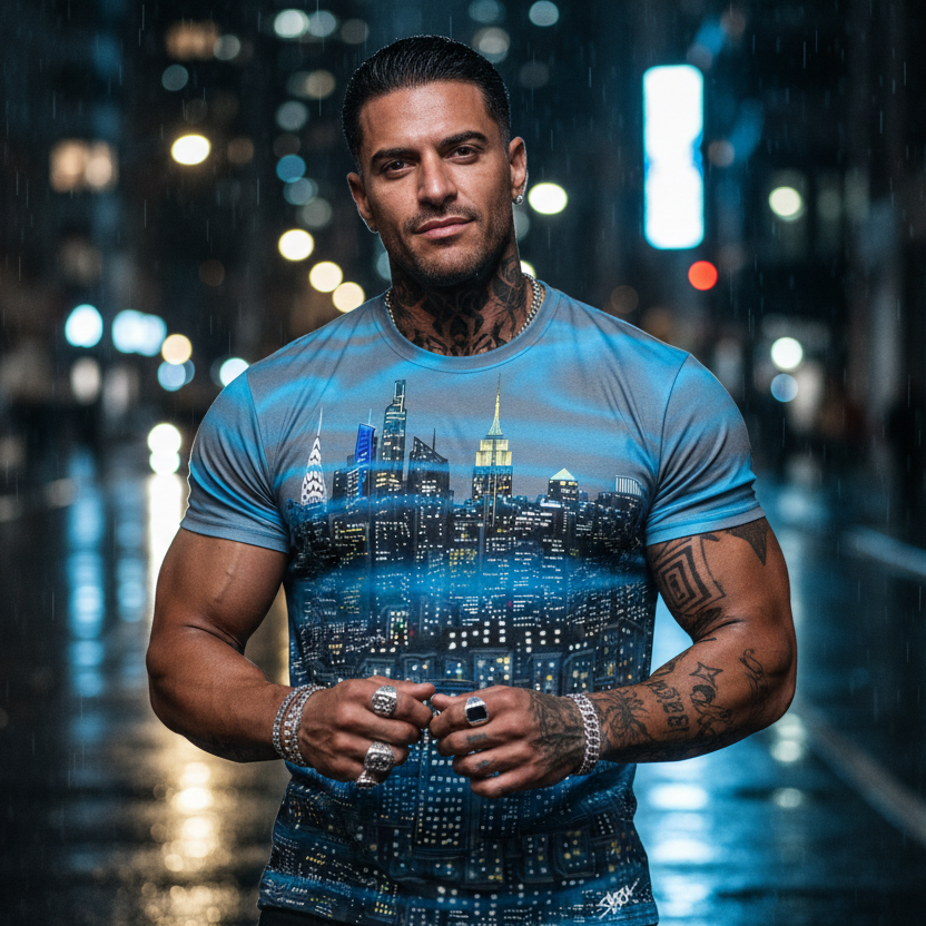 Man wearing a blue t-shirt with a cityscape Loria NYC Art design in a dark, urban setting.