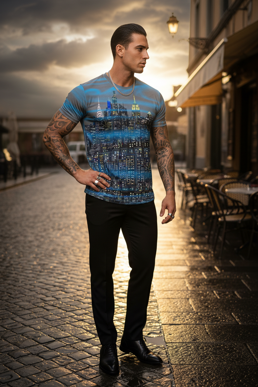 Front view of man posing in a grey Loria NYC Art shirt on wet cobblestone ground