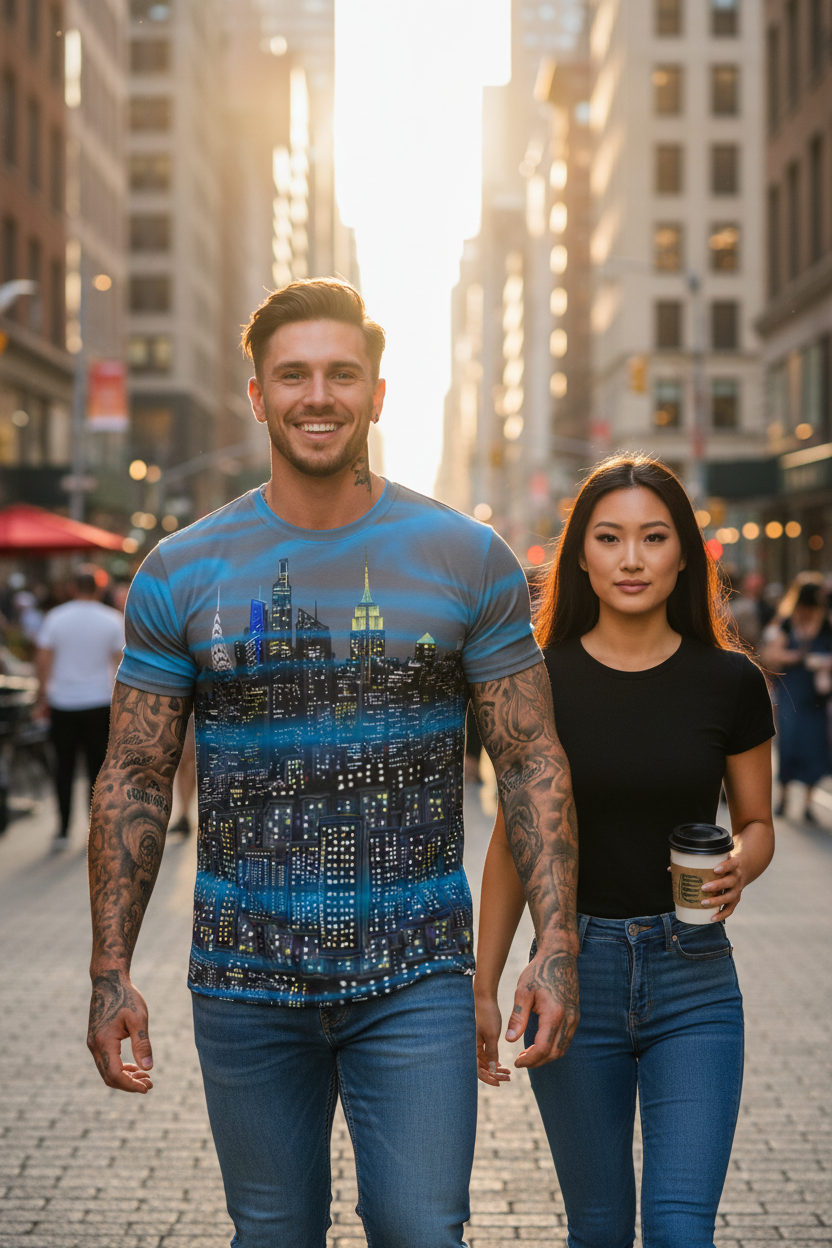 Two people walking on a city street with a Loria NYC Art cityscape t-shirt