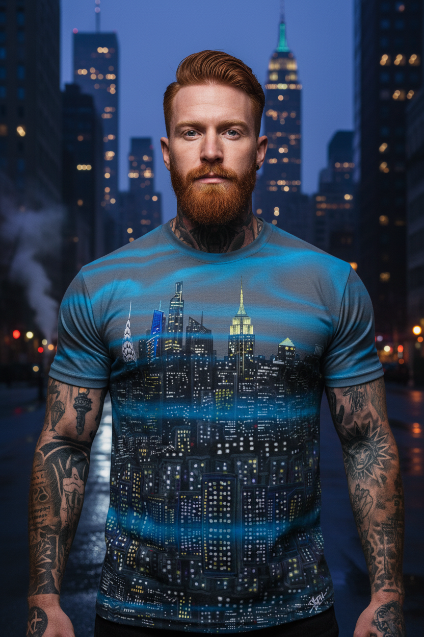 Man wearing a t-shirt with a Loria NYC Art cityscape design against a nighttime city backdrop