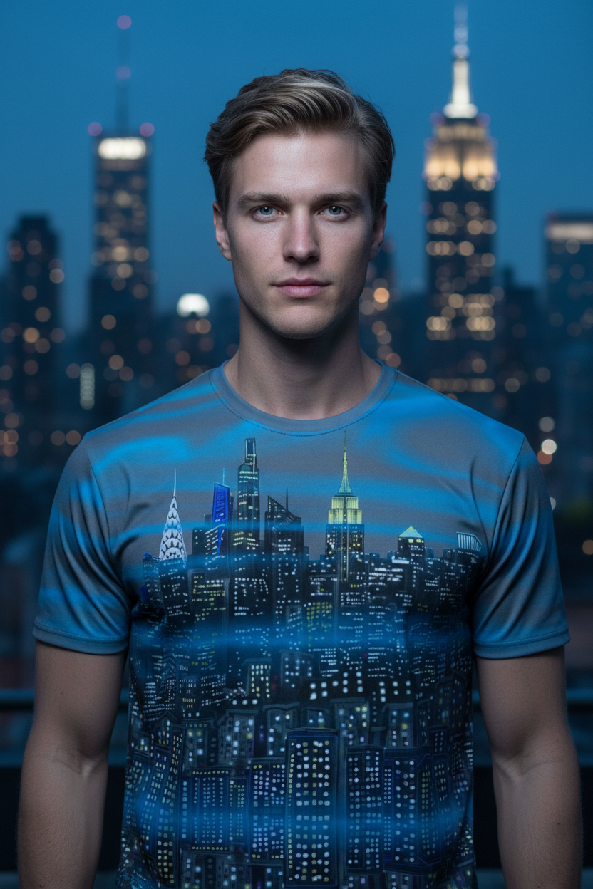 Man wearing a blue t-shirt with a cityscape Loria NYC Art design against a blurred city skyline at night.