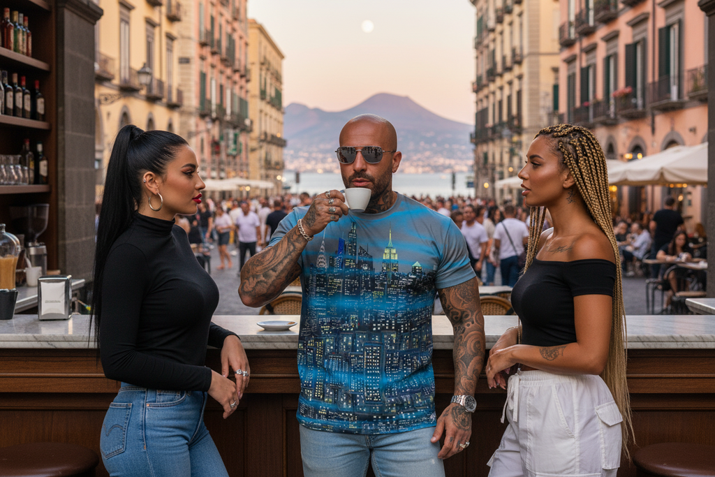 Man with tattoos wearing a Loria NYC Art shirt drinking coffee in a bustling outdoor cafe with two women.