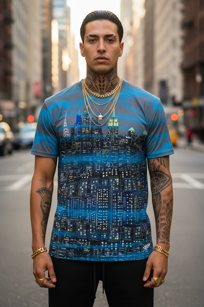 Man wearing a blue Loria NYC Art cityscape t-shirt on a city street