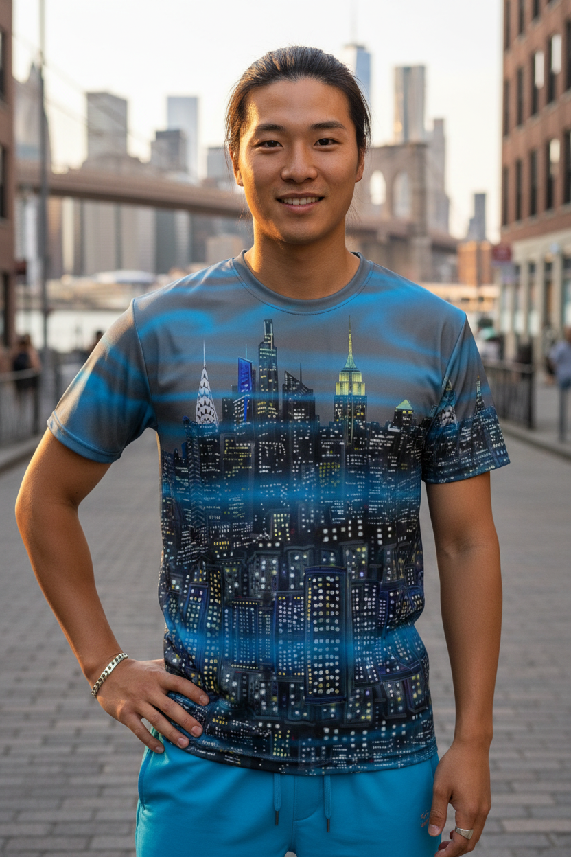 Man wearing a blue t-shirt with a cityscape Loria NYC Art design, standing in an urban setting.