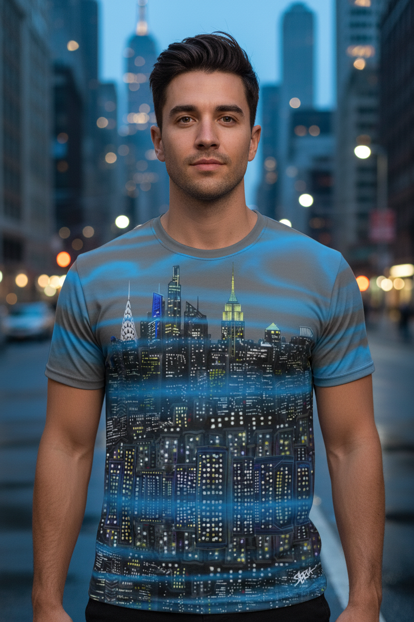 Man wearing a t-shirt with a Loria NYC Art cityscape design on a blurred city street background