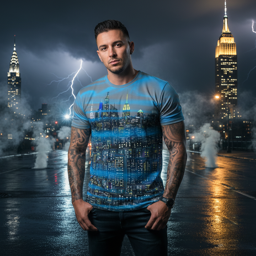 Man wearing a Loria NYC Art blue t-shirt with a cityscape design, standing in front of a city skyline with lightning.