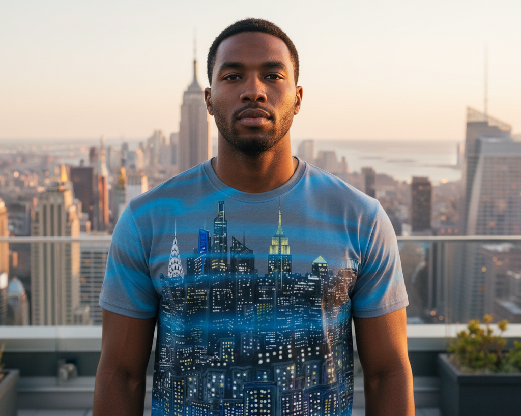 Man wearing a blue t-shirt with a cityscape Loria NYC Art design, standing on a rooftop with a city skyline in the background.