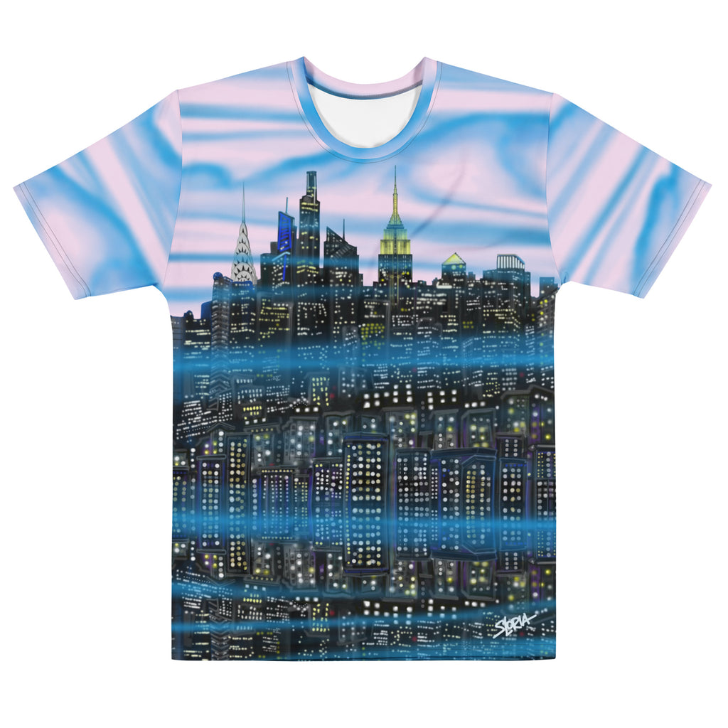 T-shirt with a cityscape Loria NYC Art design on a white background