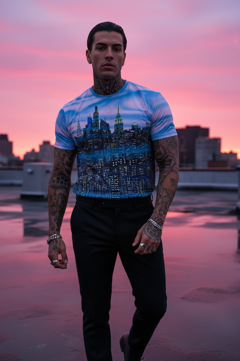 Man wearing a t-shirt with a Loria NYC Art cityscape design against a pink sunset sky.
