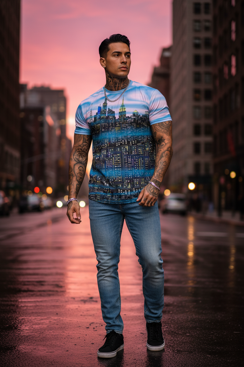 Man wearing a cityscape Loria NYC Art t-shirt on a city street at dusk