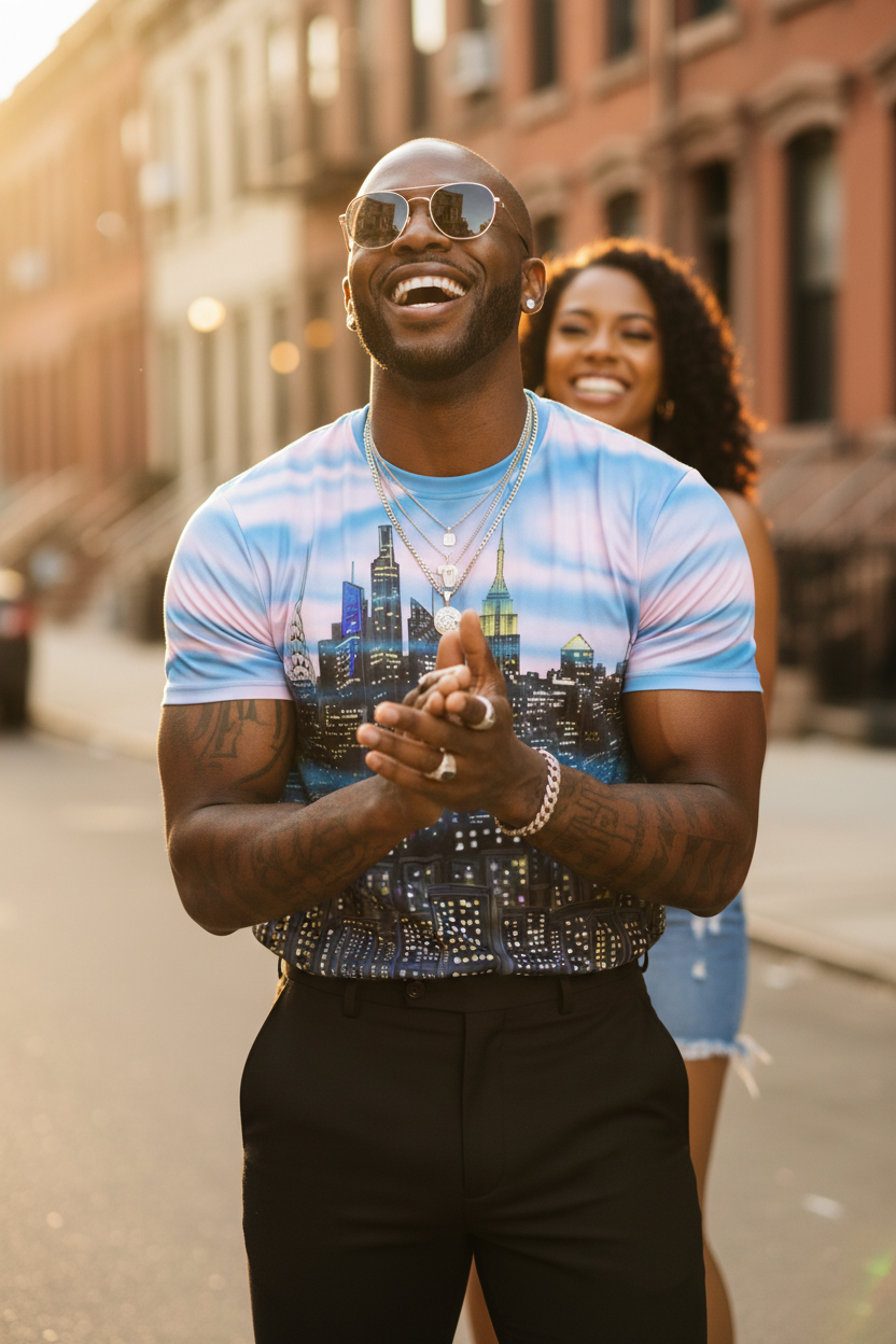 Man wearing a tie-dye shirt with a cityscape Loria NYC Art design on a street.