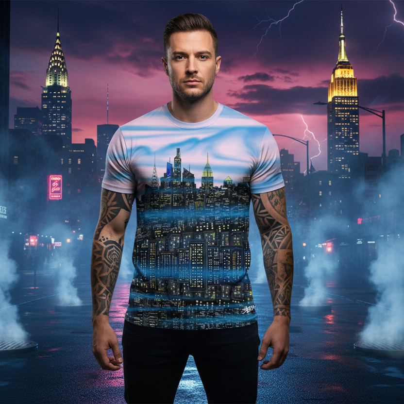 Man wearing a t-shirt with a Loria NYC Art cityscape design in front of a stylized city skyline with lightning.
